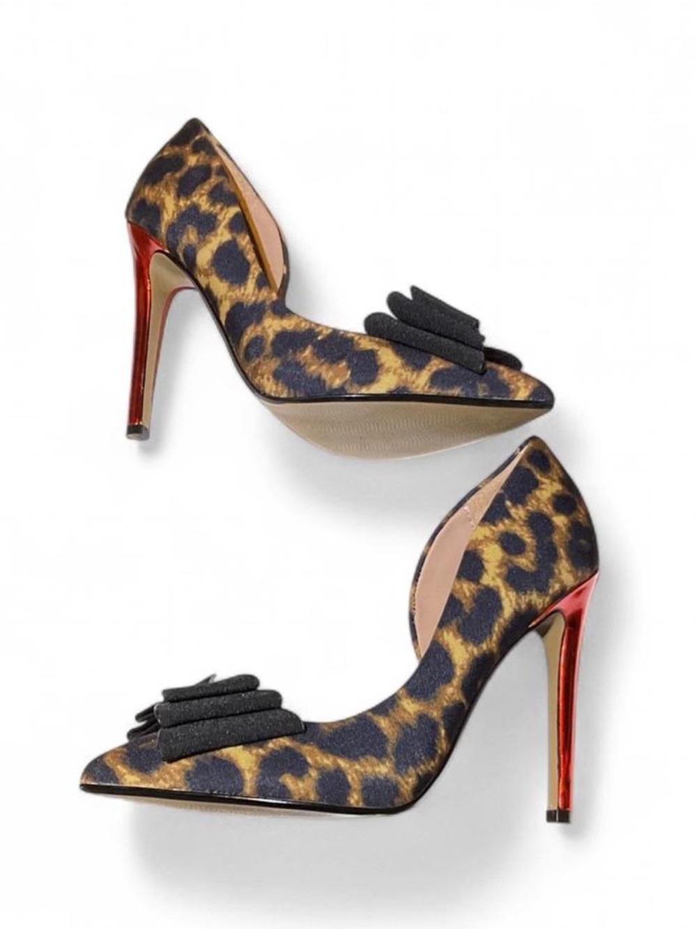 Betsey Johnson Leopard Print Metallic Red Stiletto Heels with Black Bow Accent